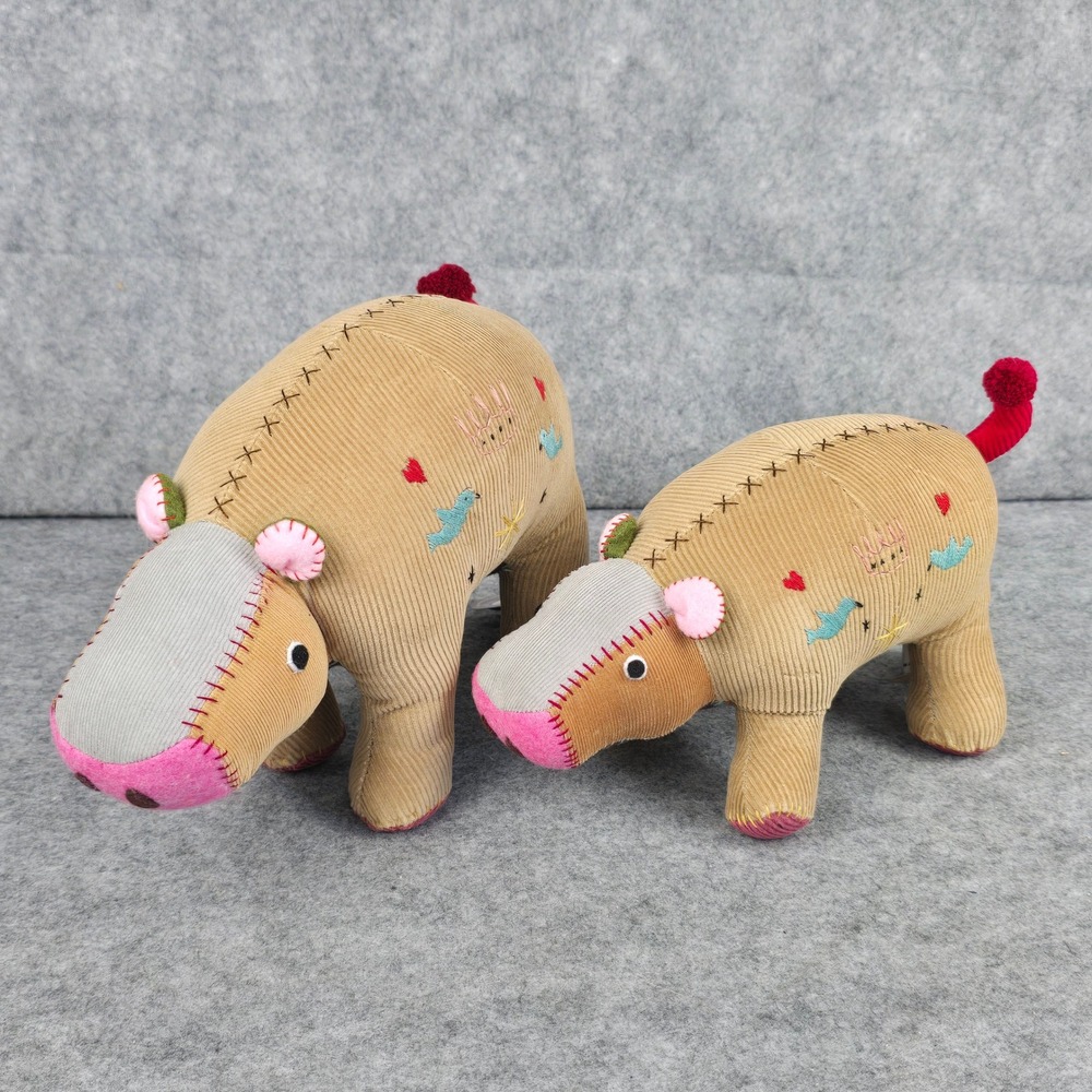 Handmade‎ Hippo Plush Set 2 Small Tan Corduroy Embroidered Patchwork Decor